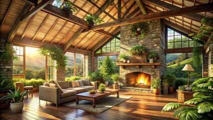 Fototapeta premium Cozy longhouse with exposed wooden beams and stone fireplace under warm sunlit ceiling, surrounded by lush greenery and natural elements , cozy interior, stone fireplace