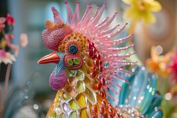 Pastel Rooster Glass Sculpture with Beaded Details Varient 2