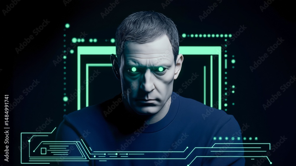 Aufkleber portrait of a person with bright eyes in a dark background filled with digital elements.