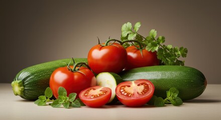 Fresh vegetables still life representing healthy eating and culinary ingredients with tomatoes and zucchini