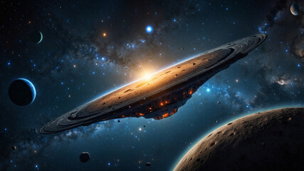 Fototapeta premium Dramatic view of a spacecraft with rings, traveling through a vibrant and colorful galaxy.