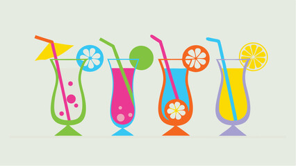 Illustration of four colorful cocktails with straws and fruit slices arranged side by side on a light background