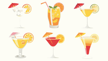 Illustration of various cocktails and drinks with citrus slices and umbrellas in different styles of glasses