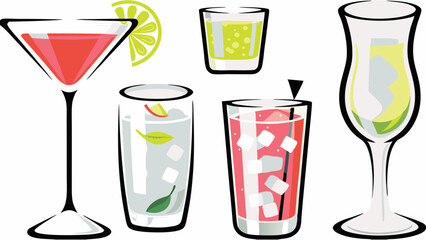 Illustration showing a variety of different cocktails and drinks in assorted glasses and garnishes