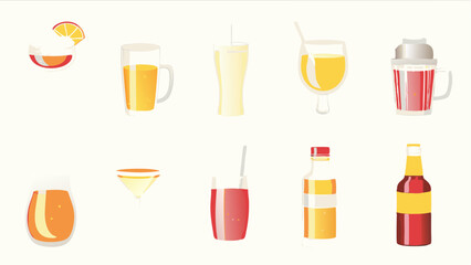 Illustration of various alcoholic and non alcoholic beverages including cocktails beer and juice drinks shown