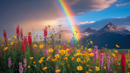 Flower field with a rainbow and mountains