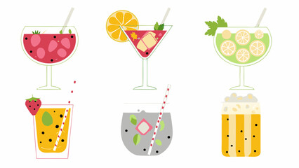Illustration of six vibrant cocktails with various fruits and straws on a white background scene design