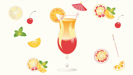 Illustration showing a cocktail glass with orange slice and cherries and mint leaves around it art