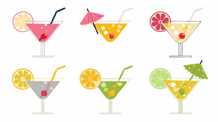 Illustration of six colorful cocktails with fruit slices, straws, and umbrellas on a white background design