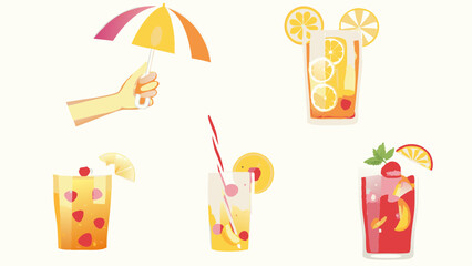 Collection of vibrant summer cocktails with fruit garnishes and a hand holding an umbrella design element