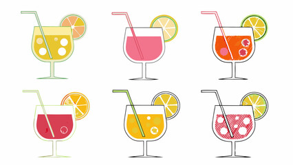 Illustration of six cocktails with different colors and fruit slices on a white background surface view