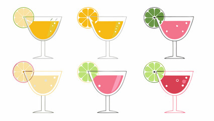 Illustration of six cocktail glasses filled with colorful drinks and citrus fruit garnishes arranged neatly