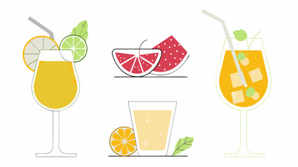 Illustration showing a collection of various fruit drinks and fruit slices on a plain white background.