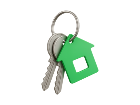 House keychain with green house pendant isolated on transparent or white background, png