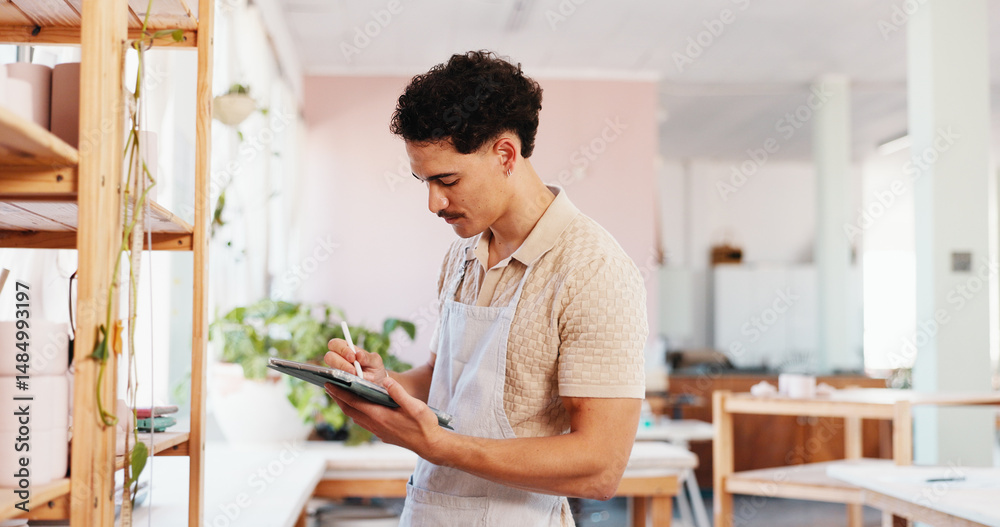 Poster ceramic, pottery and man with tablet in studio for inventory management, product inspection and qual