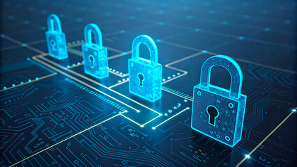 Digital circuit board with glowing padlocks representing cybersecurity and data protection concepts