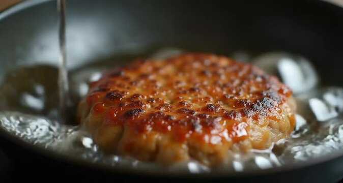 Super slow motion burger fried in a frying pan. High quality FullHD footage