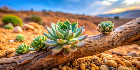 Fototapeta premium A succulent cactus lithops plant growing on a tree branch in a desert landscape with rocky terrain and sandy soil , succulent plants, botanical garden