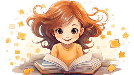 Cheerful young girl enjoying early education with a smile reading books in a colorful cartoon vector illustration