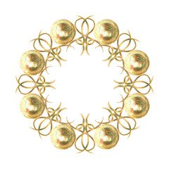 Gold curls frame, wreath, garland from ribbons and balls. Hand-painted in watercolor with gold paint accents. Isolate frame for decorating and designing textiles, interior, wallpaper, prints