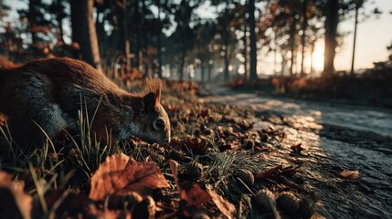 Squirrel foraging in autumn forest