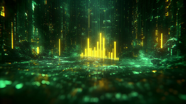 Glowing yellow digital cityscape, green background, abstract digital art