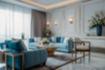 Fototapeta premium Blurred bedroom, modern theme, there is a study table and sofa, showing the luxurious interior, with a blurred background