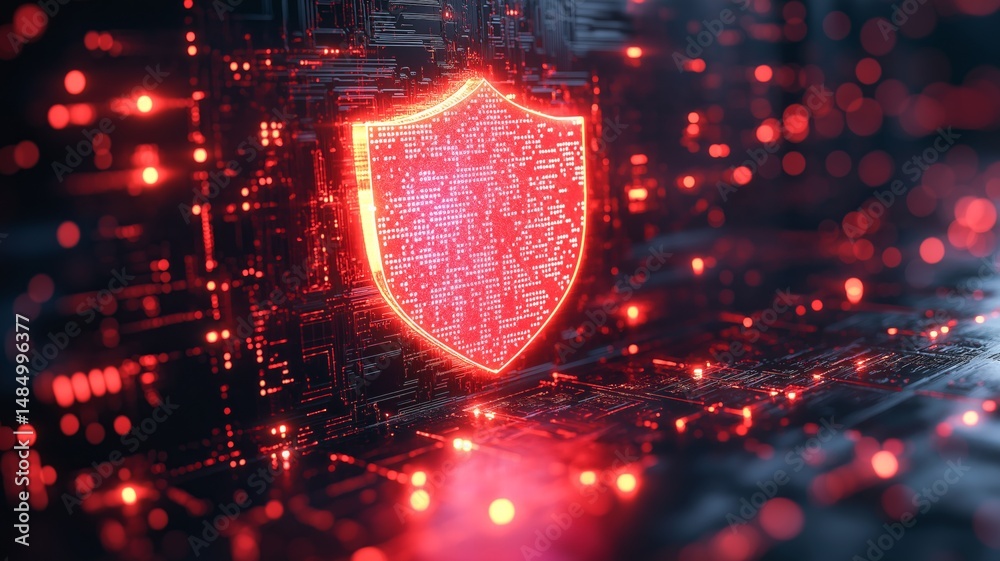 Aufkleber glowing red shield among intricate circuitry signifies digital security and protection themes.