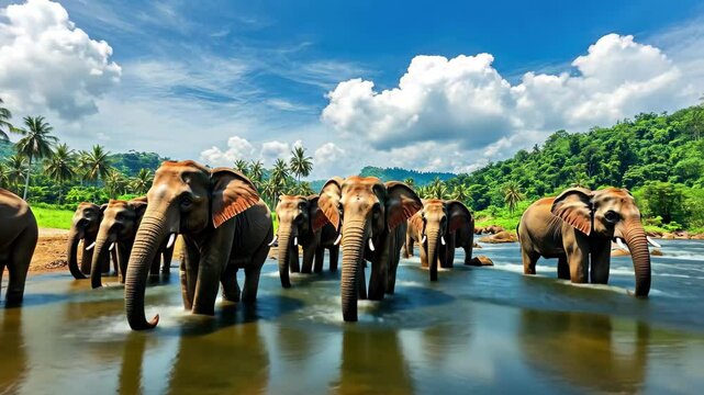 Elephants bathing in a river at an orphanage and wildlife park reserve in Sri Lanka, Elephant orphanage and wildlife park reserve in Sri Lanka Travel site in Asia