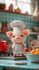 A tiny mini fluffy pink piglet in a miniature chef's hat and apron. The kitchen is bright and colorful, with large dishes and appliances.