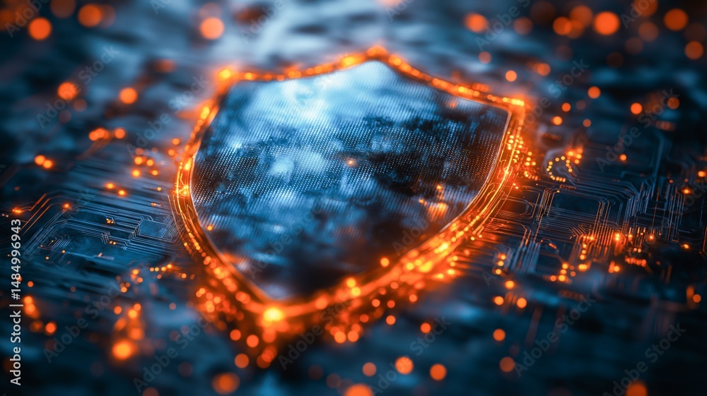 Aufkleber a stylized shield shines on a dark, tech-inspired background with glowing lights.
