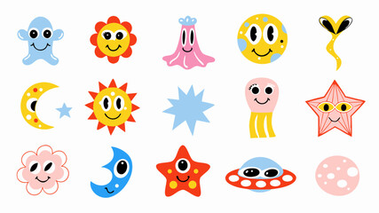 Naklejka premium Collection of whimsical cartoon space elements including sun moon stars and alien characters in bright colors