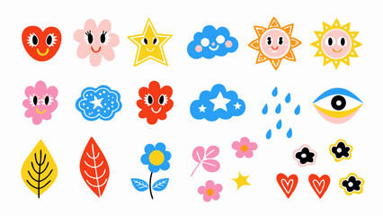 Collection of whimsical cartoon elements including hearts flowers clouds and suns on white background