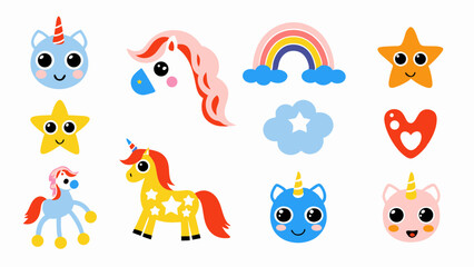 Fototapeta premium Collection of cartoon unicorns, stars, rainbow, cloud and heart on a white background illustration