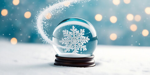 Festive Snow Globe Featuring Intricate Snowflake on Soft Blue Background

