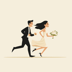 Playful bride and groom running together