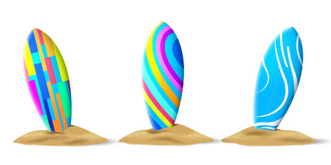 surfboards mounted on the sand pile.realistic modern pattern surfing boards design isolated on the white background.summer vacation beach sport object clip art vector illustration.