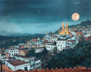 A picturesque Mexican town nestled on a mountain, illuminated by warm streetlights, with a deep blue sky dotted with stars and a full moon, showcasing its unique architecture and charm.