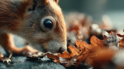 Squirrel foraging among autumn leaves