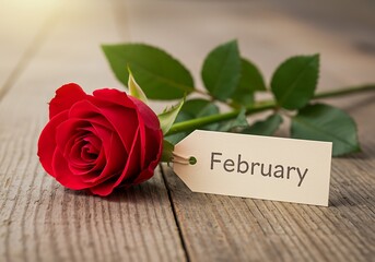 Red Rose with February Tag on Wood Table