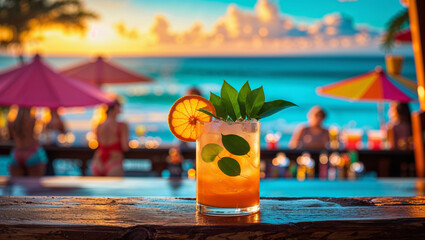 A refreshing cocktail with an orange slice garnish, ready for a tropical beach vacation with an ocean view.