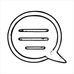 Hand-drawn sketch of a speech bubble with three horizontal lines, symbolizing messaging or chat. Black and white vector style, ideal for podcasting, communication, and media designs