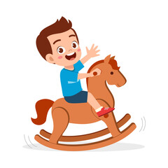 Happy Little Boy Riding a Rocking Horse with Arm Up in Cartoon Illustration Style