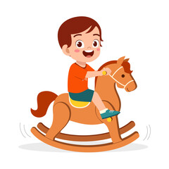 Happy Boy Riding a Rocking Horse Toy with Smiling Expression in Cartoon Illustration