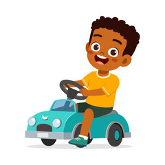 Happy Little Boy Driving Toy Car with a Big Smile on a White Background