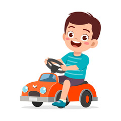 Happy Little Boy Driving Toy Car and Smiling with Joyful Expression in Cartoon Style
