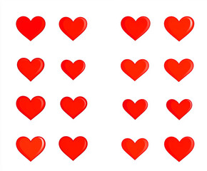 A collection of glossy red heart icons arranged in a grid on a white background, symbolizing love, passion, affection, and romance in a modern and minimalistic digital design.