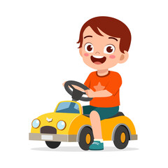 Happy Little Boy Driving a Toy Car, Smiling, and Enjoying a Fun Ride with Excitement