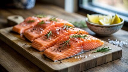 Fresh salmon fillets prepared on a cutting board with herbs and spices
