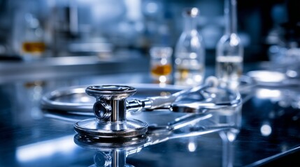 Close Up of a Silver Stethoscope on a Reflective Surface in a Medical Laboratory